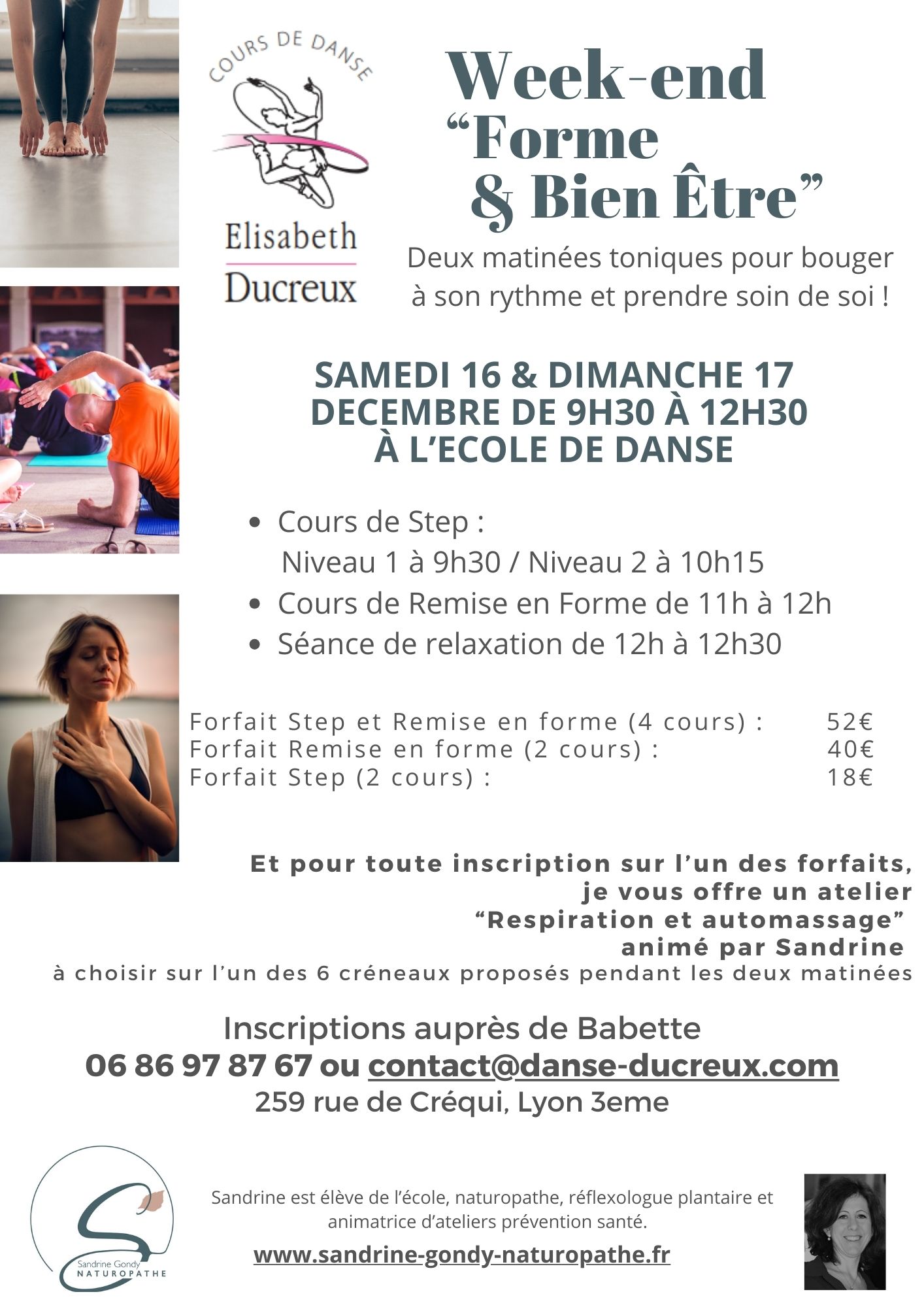 atelier, automassage, respiration, relaxation, détente, stage, naturopathe, lyon, réflexologie, plantaire, sandrine, gondy, stress, bien-être, ducreux, ecole, danse, elisabeth, jazz, step, remise, forme, diaphragme, massage